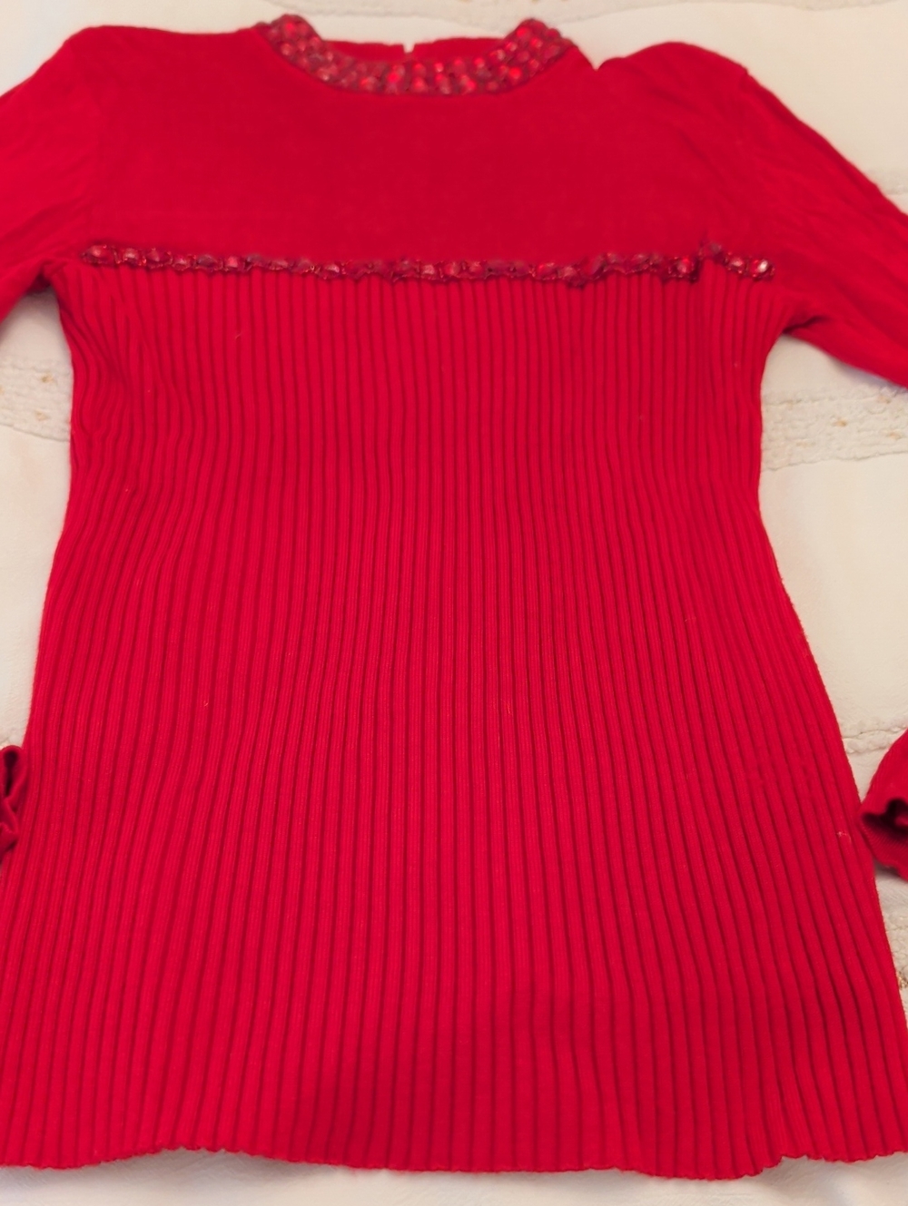 Red Ribbed Knit Sweater with Embellished Neckline